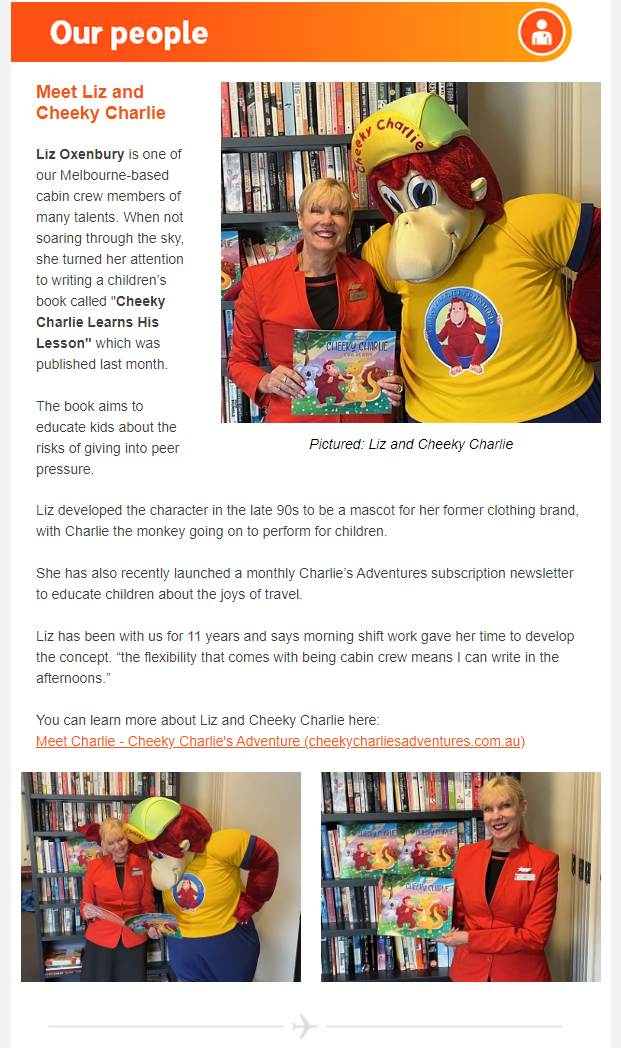 Liz & Cheeky Charlie Jetstar Newsletter